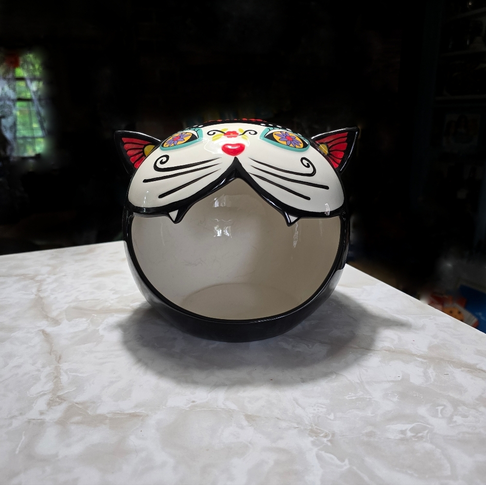 Blue sky super cat big mouth candy bowl Halloween day of the dead
